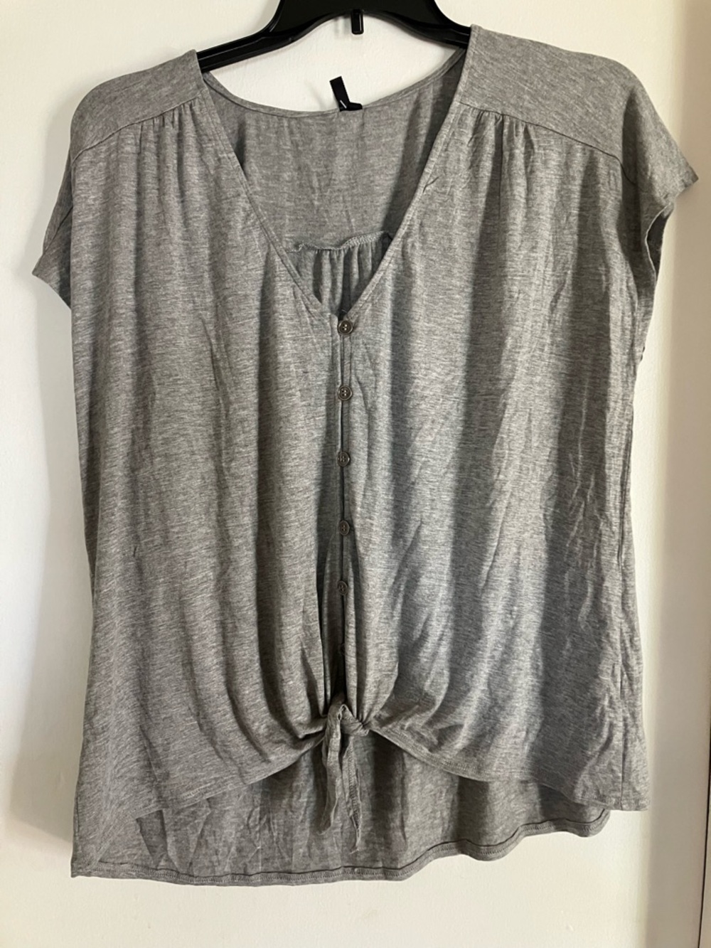 Maurices Light Gray Button Front V-Neck Tie-Hem Top